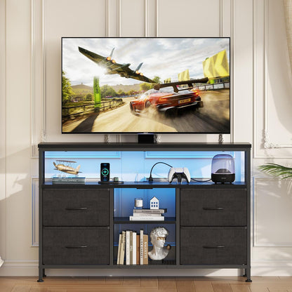 TV Stand Dresser for Bedroom 4 Drawers Entertainment Center with LED Lights and Power Outlets Media Console for 50 Inch TV Living Room Furniture with Open Shelf Adjustable Feet, Black