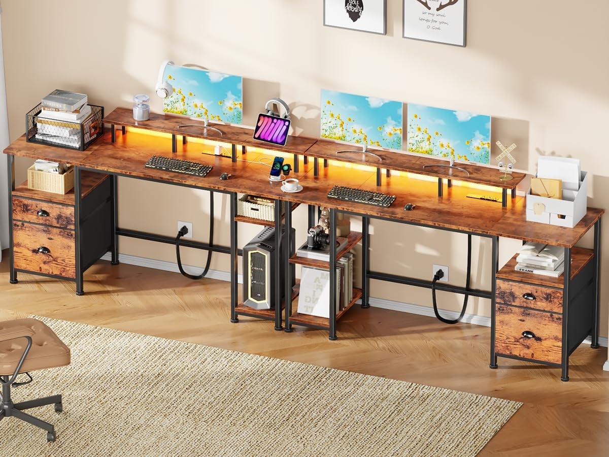 61" Computer Desk with Power Outlet & LED Lights, Reversible Gaming Desk with File Cabinet & Monitor Stand for Home Office, Writing Study Table with Storage Shelves and Drawer, Rustic Brown