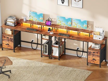 61" Computer Desk with Power Outlet & LED Lights, Reversible Gaming Desk with File Cabinet & Monitor Stand for Home Office, Writing Study Table with Storage Shelves and Drawer, Rustic Brown