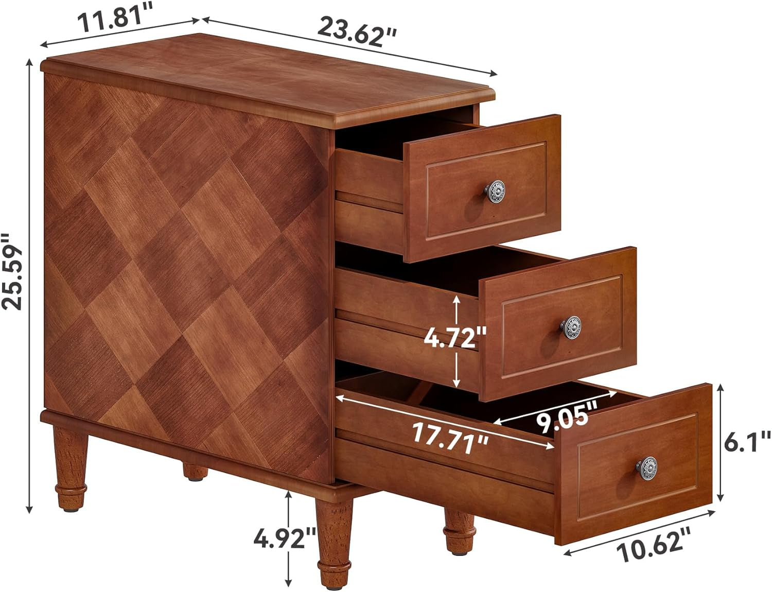 Fully Assembled End Table, Narrow Side Table with 3 Drawers, Pre-Assembled Nightstand Slim Bedside Table for Small Spaces, Living Room, Bedroom, Brown