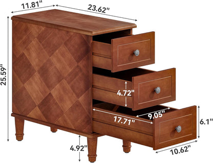 Fully Assembled End Table, Narrow Side Table with 3 Drawers, Pre-Assembled Nightstand Slim Bedside Table for Small Spaces, Living Room, Bedroom, Brown
