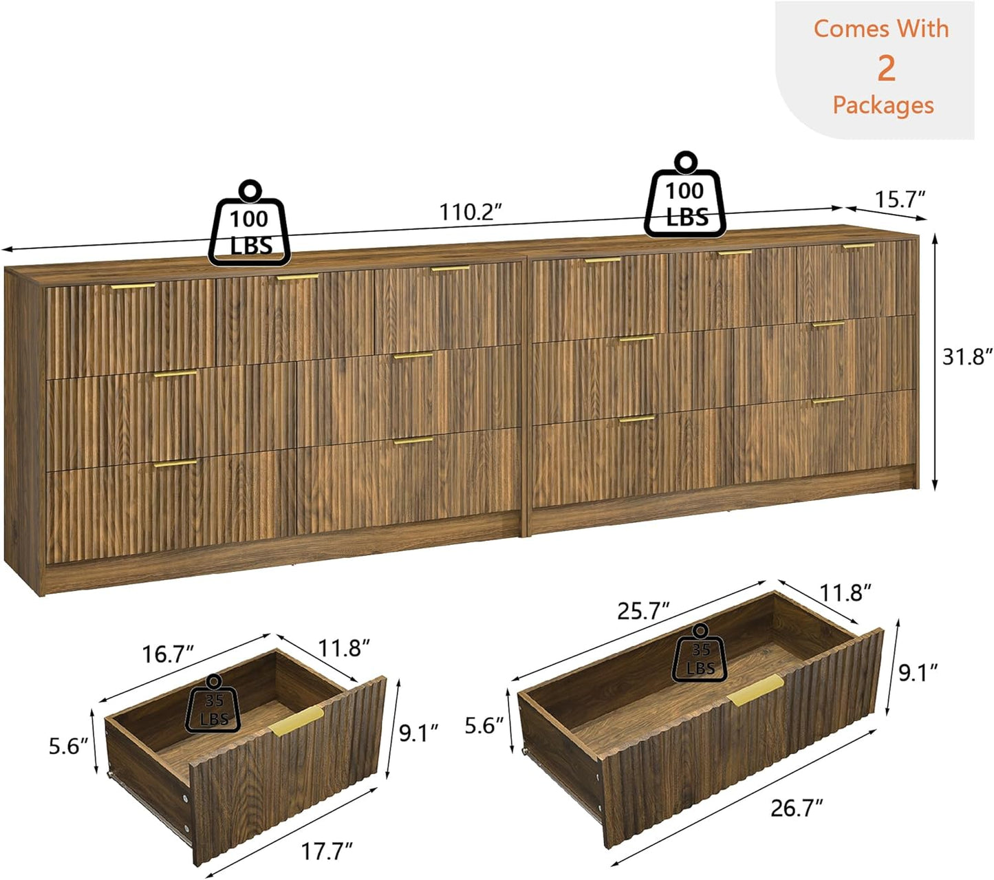 Walnut Dresser Set of 2, Long Dresser for Bedroom Wooden with 14 Drawers, Fluted Modern Bedroom Furniture Set, TV Stand Dressers & Chests of Drawers for Closet (15.7"D X 110.2"W X 31.8"H)