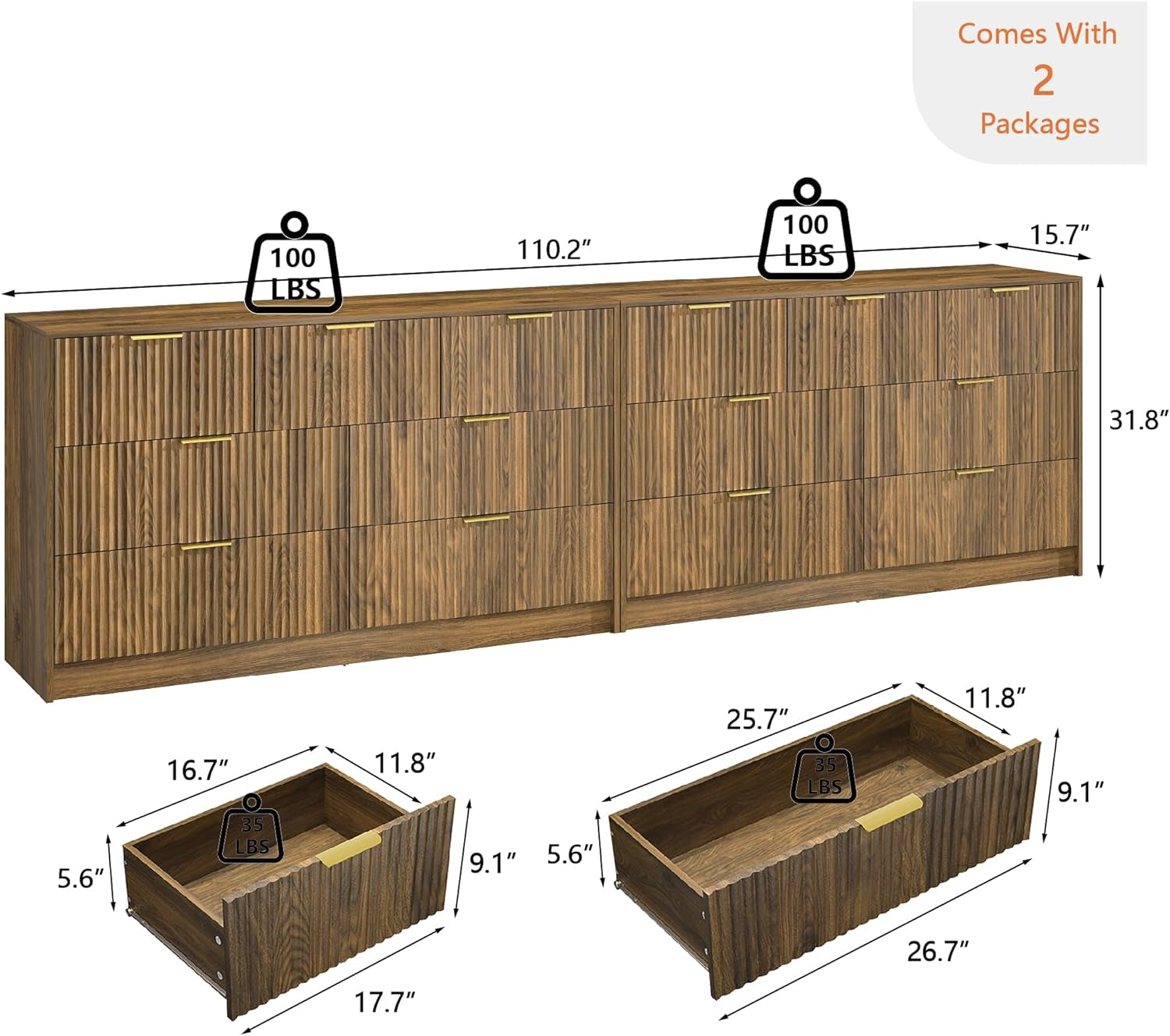 Walnut Dresser Set of 2, Long Dresser for Bedroom Wooden with 14 Drawers, Fluted Modern Bedroom Furniture Set, TV Stand Dressers & Chests of Drawers for Closet (15.7"D X 110.2"W X 31.8"H)