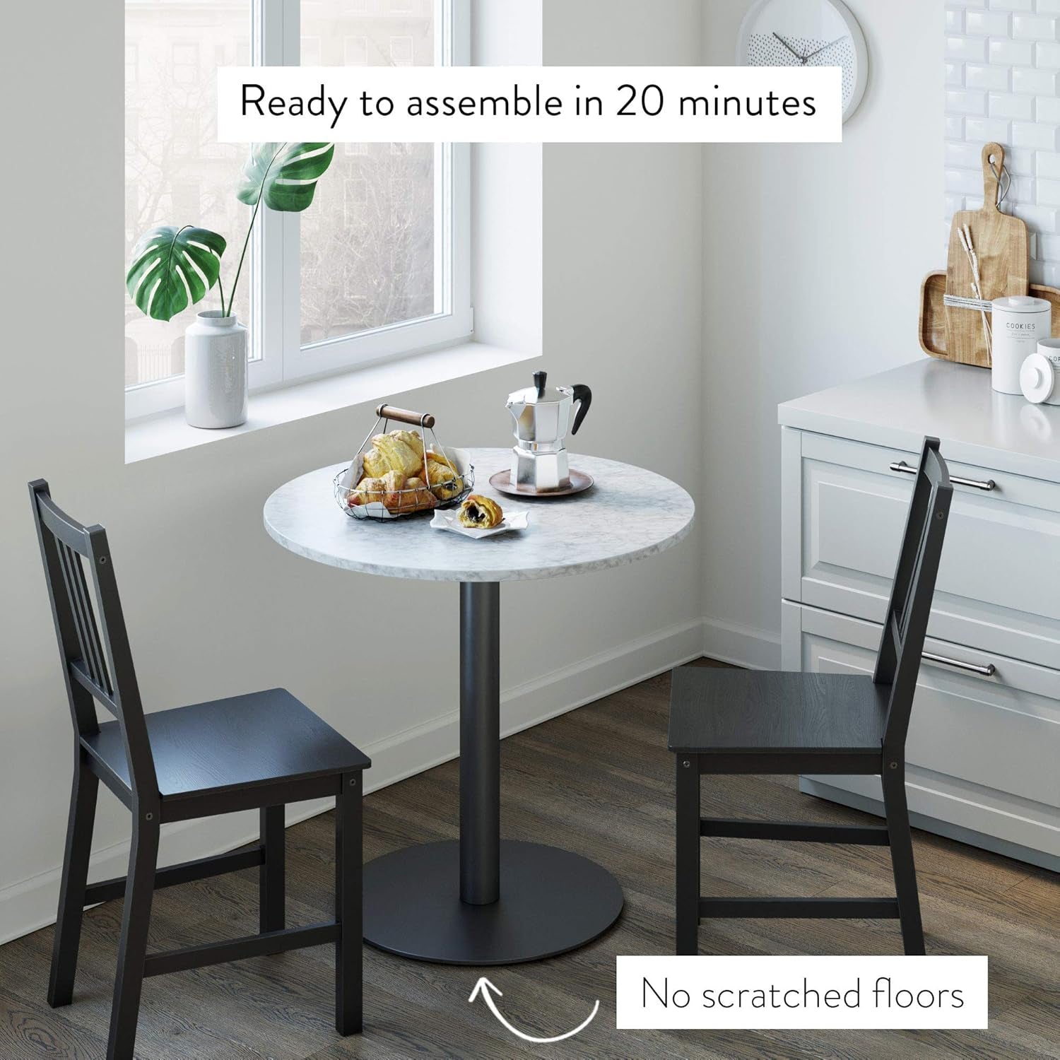 Bistro Lucy Small Mid-Century Modern Kitchen or Dining Table with Faux Carrara Marble Top and Brushed Metal Pedestal Base, Black, 31.5D X 31.5W X 29H In