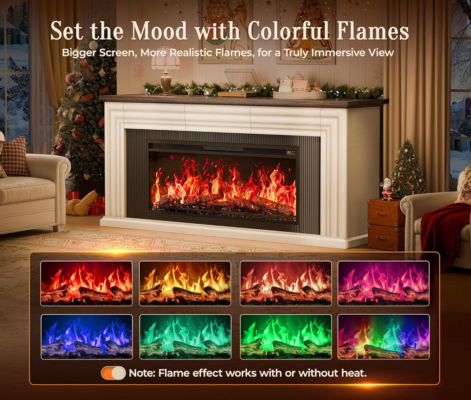 70'' Fireplace TV Stand with 42'' Electric Fireplace, Farmhouse TV Stand for 65 75 Inch TV, Entertainment Center TV Console with 3 Drawers, Fluted Design, for Living Room, Distressed White