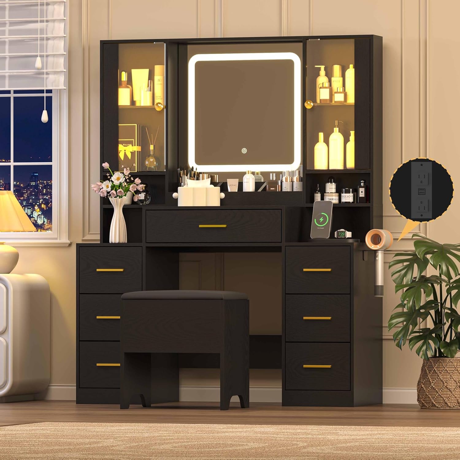 Black Makeup Vanity Desk with Mirror & Lights – Hawkins Woodshop