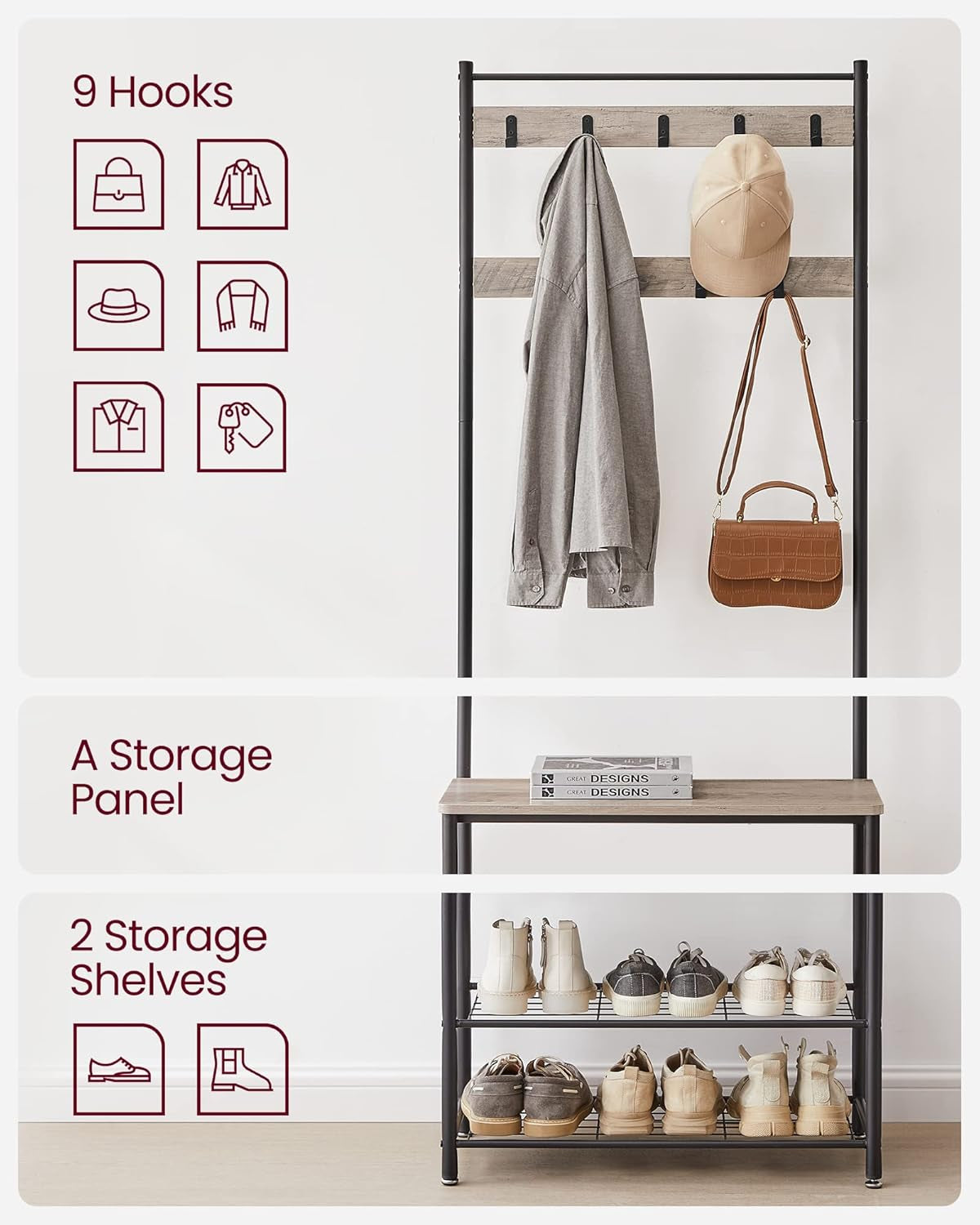 Coat Rack, Hall Tree with Shoe Storage Bench, Entryway Bench with Shoe Storage, 3-In-1, Steel Frame, for Entryway, 12.6 X 33.5 X 68.9 Inches, Industrial, Rustic Brown and Black UHSR401B01