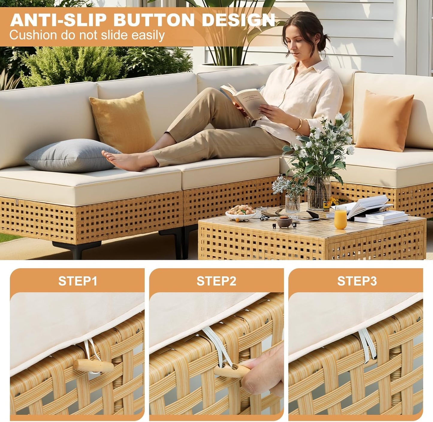 Patio Furniture Set, 110" Large 7-Piece Wicker Outdoor Patio Furniture Sets with Anti-Slip Cushions & Coffee Table,Boho Patio Conversation Set Sectional Sofa for Backyard,Porch,Beige