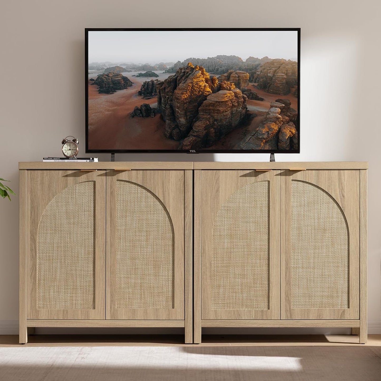 68" W Rattan Sideboard Buffet Cabinet with Storage Set of 2, Mid Century Modern Credenza with Arch Doors & Shelves Boho Coffee Bar Media Console Cabinets for Kitchen, Living Room, Entryway