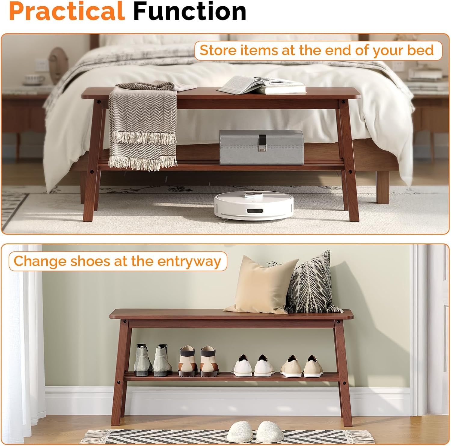 Solid Wood Dining Bench 39" Wooden Bench for Entryway, Bedroom, Kitchen & Living Room, with Shoe Rack Storage, Walnut