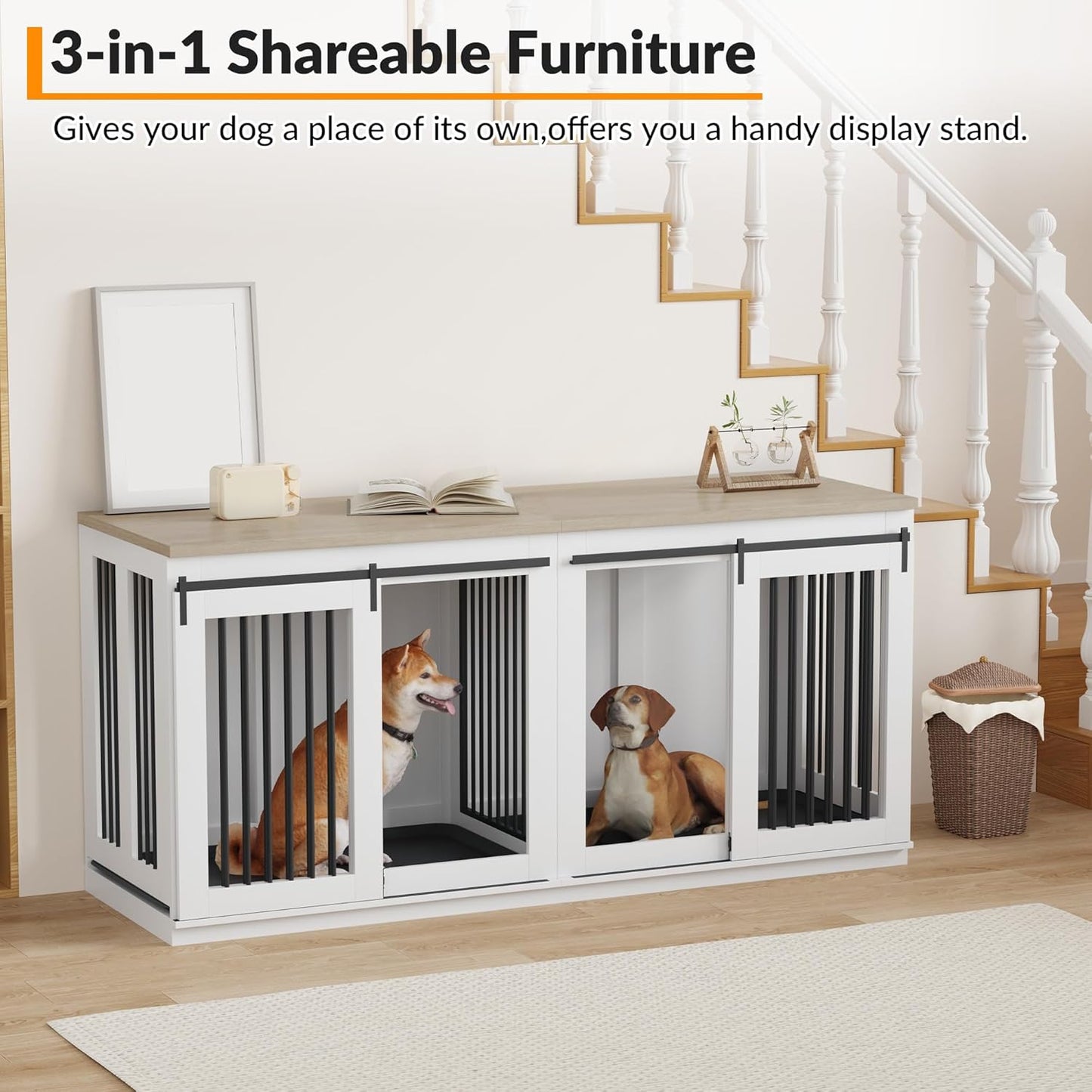Dog Crate Furniture for 2 Large Dogs,71" Farmhouse Double Kennel with Sliding Door,Heavy Duty Wooden Dog Crate Kennel End Table Tv Stand