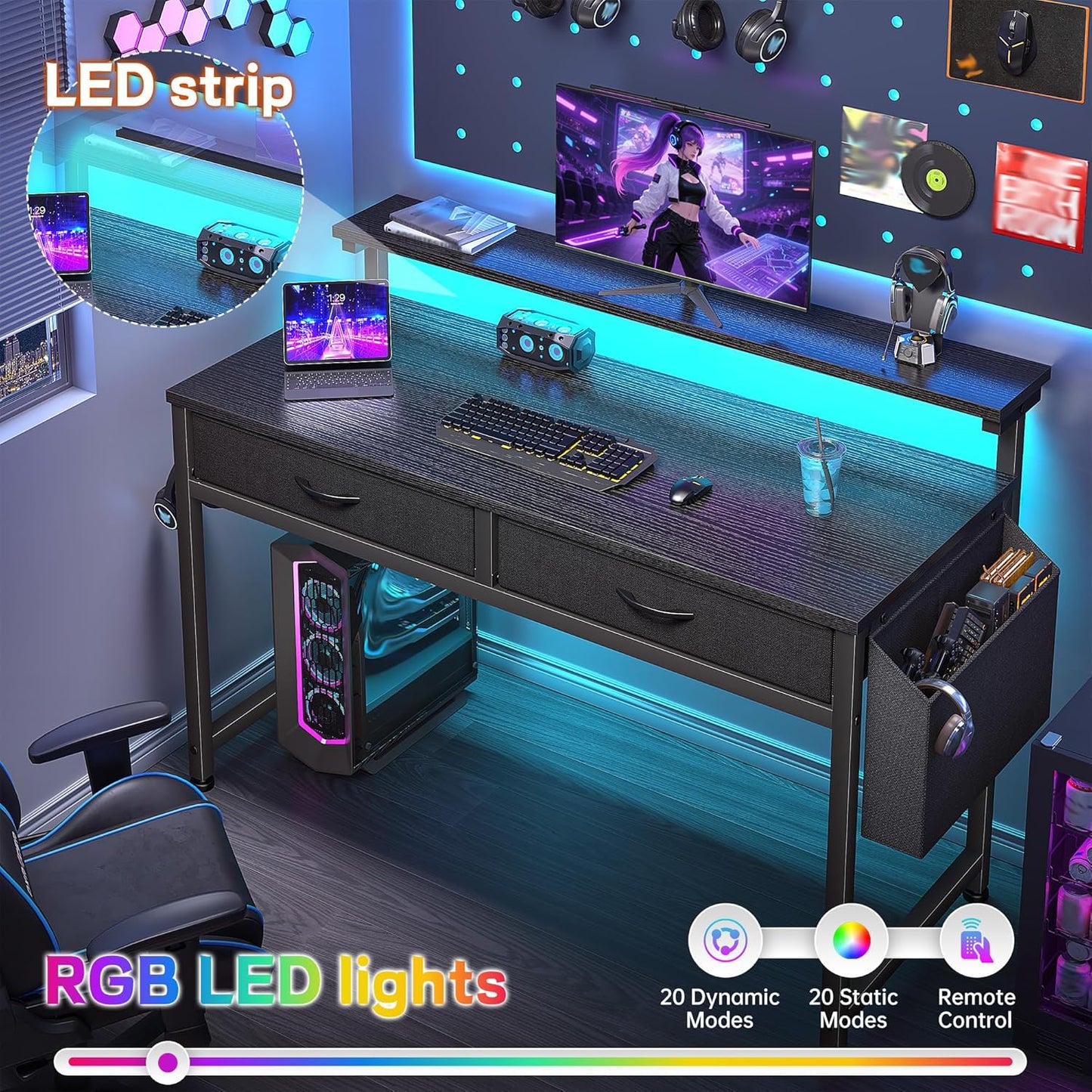 Gaming Desk with LED Lights & 2 Fabric Drawers, 39.4Inch Home Office Computer Desk with Side Pocket & Ergonomic Monitor Stand, Small Space Study Writing Table with Anti-Tip Design,Black