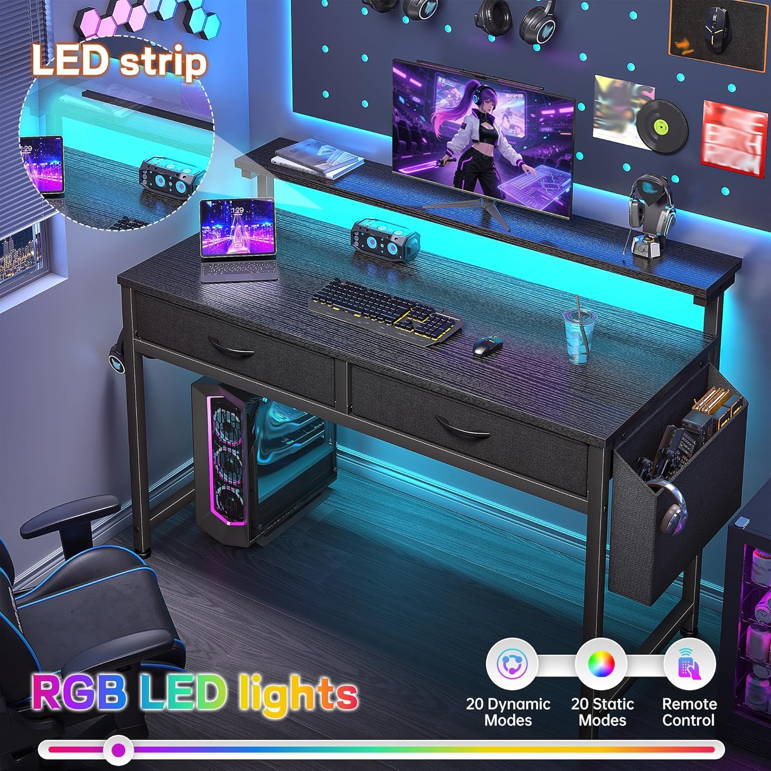 Gaming Desk with LED Lights & 2 Fabric Drawers, 39.4Inch Home Office Computer Desk with Side Pocket & Ergonomic Monitor Stand, Small Space Study Writing Table with Anti-Tip Design,Black