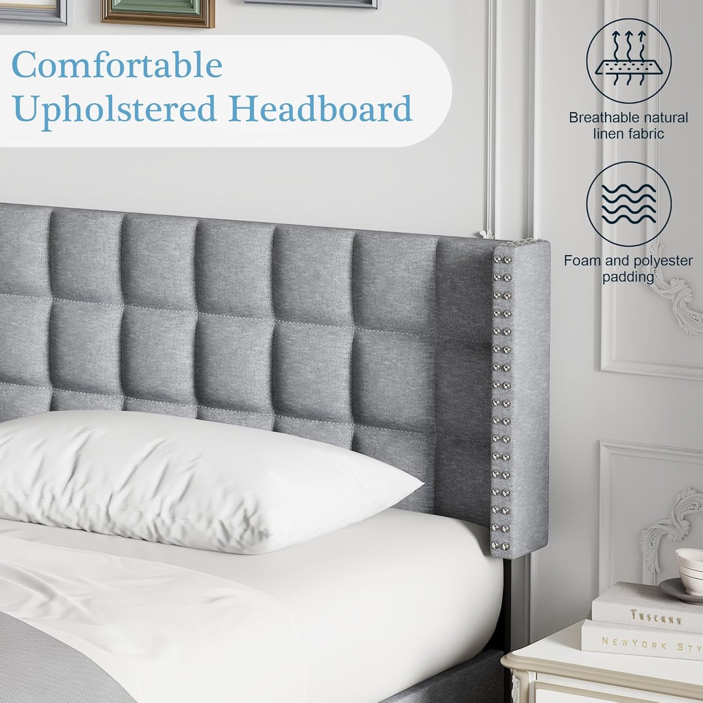 Headboard King Size, Linen Upholstered Headboards Only with Nailhead Trim Wingback, Square Stitched Design, Adjustable Height from 40" to 49.8", Light Grey