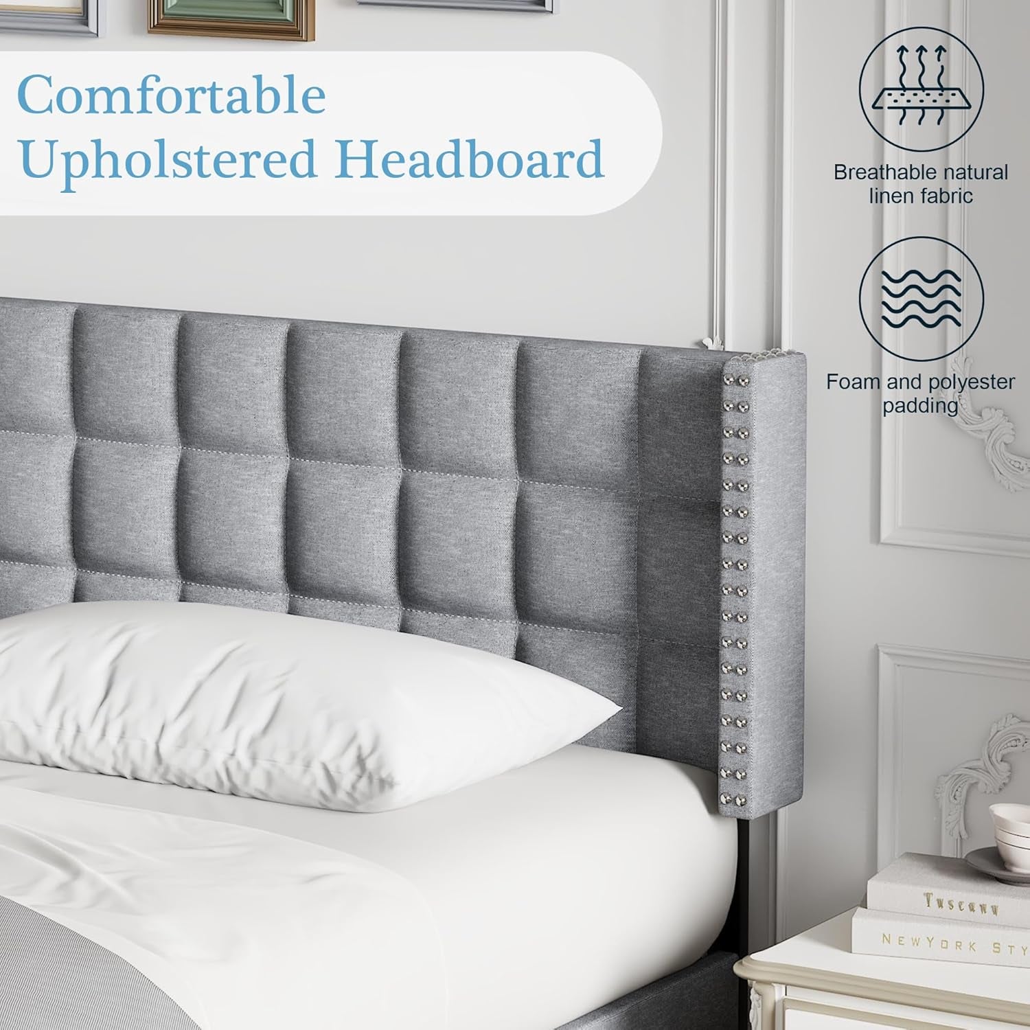 Headboard King Size, Linen Upholstered Headboards Only with Nailhead Trim Wingback, Square Stitched Design, Adjustable Height from 40" to 49.8", Light Grey