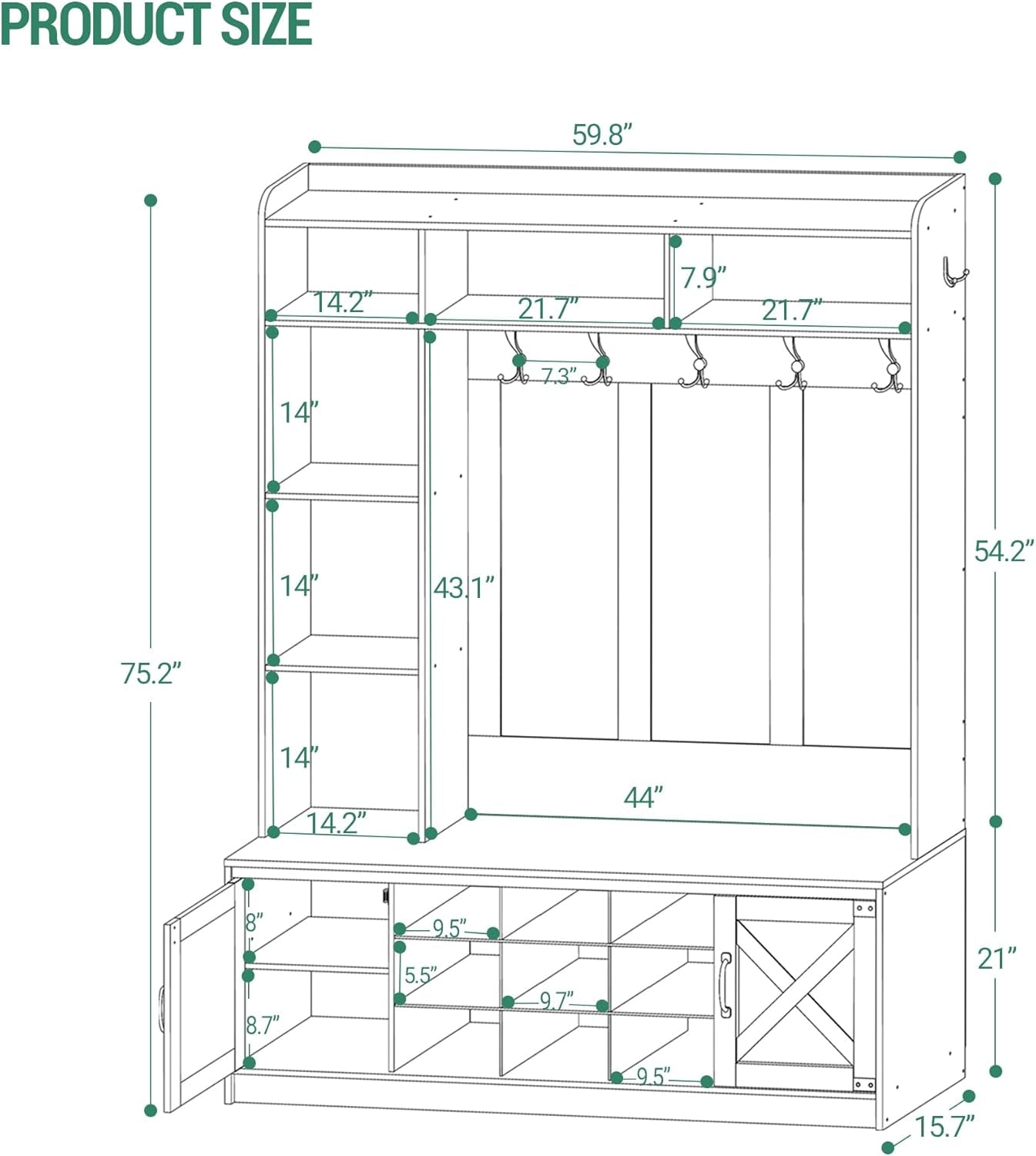 59.8" Hall Tree, LED Farmhouse Entryway Storage and Coat Rack Wood, Entryway Furniture with 7 Hooks, Hall Tree with Bench and Storage, 6 Storages Partitions Shoe Bench, Rustic White HT24814B
