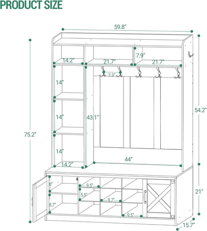 59.8" Hall Tree, LED Farmhouse Entryway Storage and Coat Rack Wood, Entryway Furniture with 7 Hooks, Hall Tree with Bench and Storage, 6 Storages Partitions Shoe Bench, Rustic White HT24814B