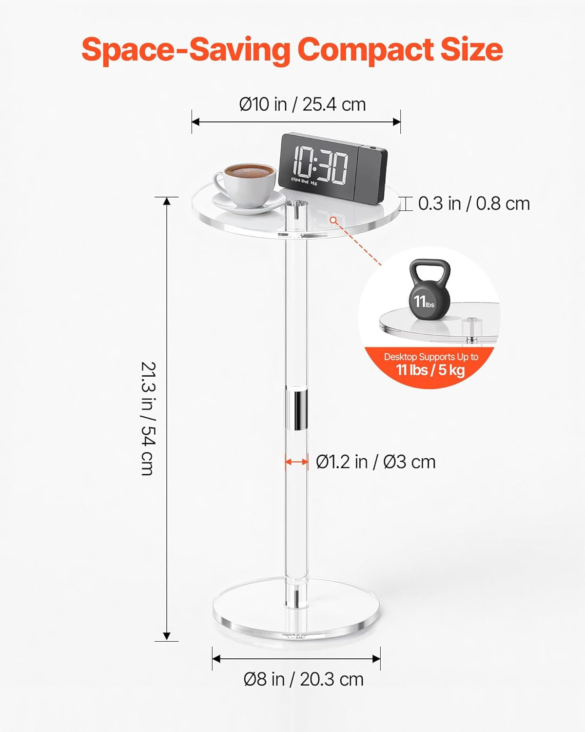 Acrylic Drink Table, Small round Side Table with Solid Post, Modern Clear End Table Transparent Cake Desk for Coffee, Cocktail, Dessert, Snack, Living Room, Bedroom, Bathroom, Easy Assembly