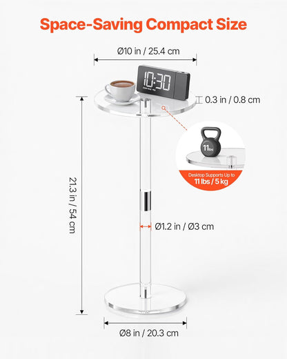 Acrylic Drink Table, Small round Side Table with Solid Post, Modern Clear End Table Transparent Cake Desk for Coffee, Cocktail, Dessert, Snack, Living Room, Bedroom, Bathroom, Easy Assembly