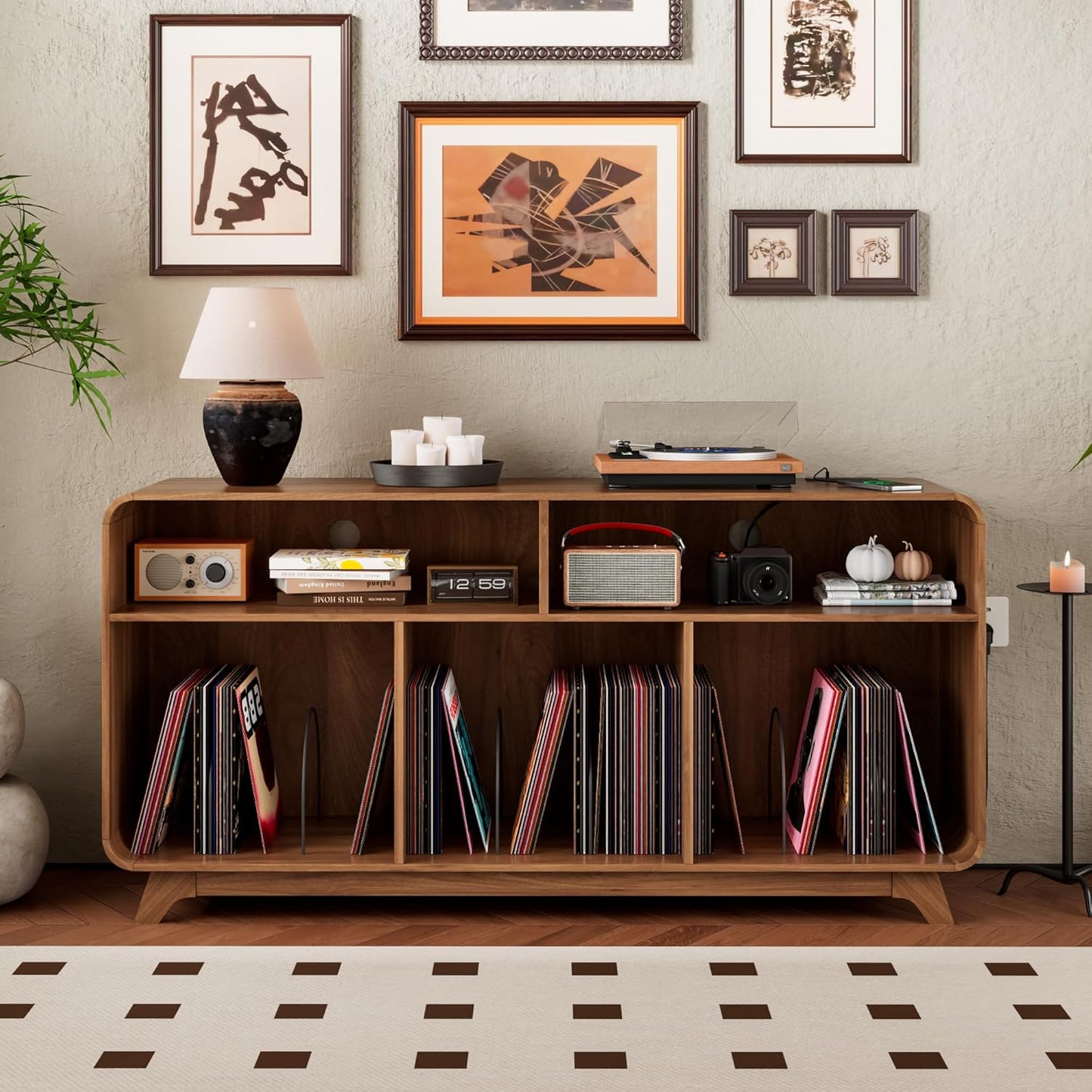 Record Player Stand with Vinyl Storage Cabinet with Charging Station & USB Ports, Turntable Stand Table Holds up to 350 Albums, Curved Vinyl Record Cabinet for Living Room (Walnut, 55-Inch)