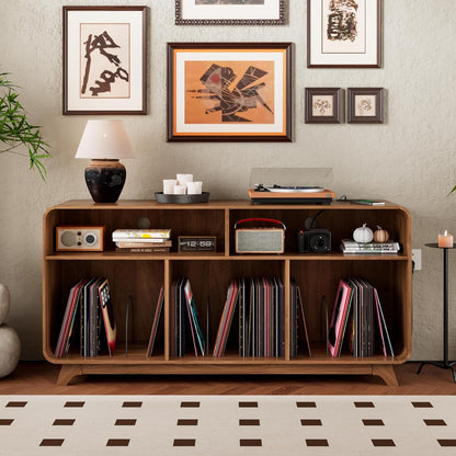 Record Player Stand with Vinyl Storage Cabinet with Charging Station & USB Ports, Turntable Stand Table Holds up to 350 Albums, Curved Vinyl Record Cabinet for Living Room (Walnut, 55-Inch)
