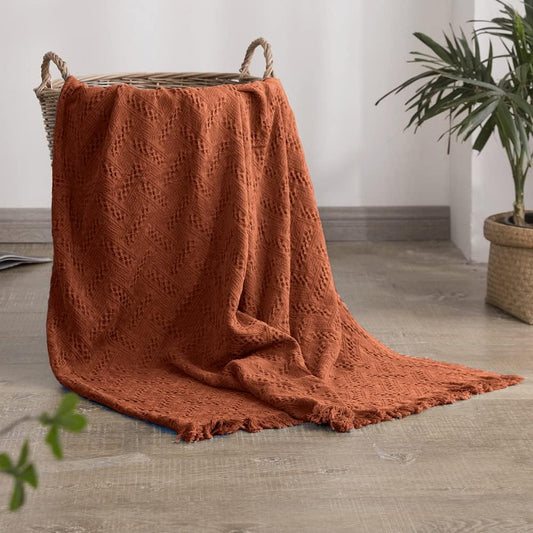 100% Cotton Throw Blanket for Bed, Couch, Boho Luxury Geometric Woven Blanket with Tassels Soft Lightweight Cozy Breathable, Vintage Farmhouse Decoration for All-Season(Rust Orange)