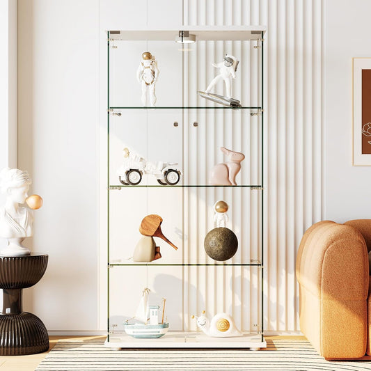 4-Tier 64.6H” Tempered Glass Display Cabinet (White) - Full-Glass Curio Case with 13-Color LED Lights & Human Body Sensor, 17.6Lbs/Layer Capacity, Quick-Install Storage for Collectibles & Decor