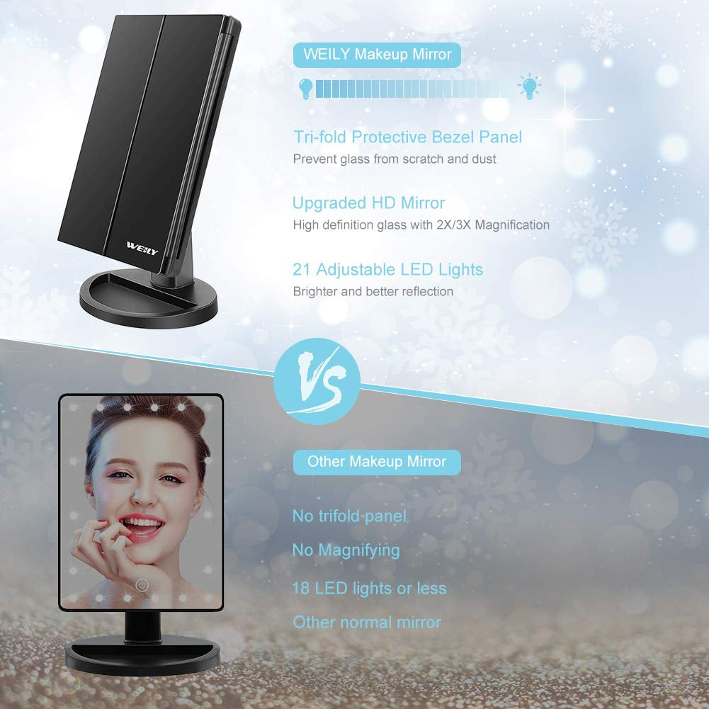 Makeup Mirror with 21 LED Lights,Two Power Supply Modes, Adjustable Touch Screen and 1X/2X/3X Magnification Tri-Fold Vanity Mirror,Chargeable Travel Cosmetic Mirror for Desktop (Black)