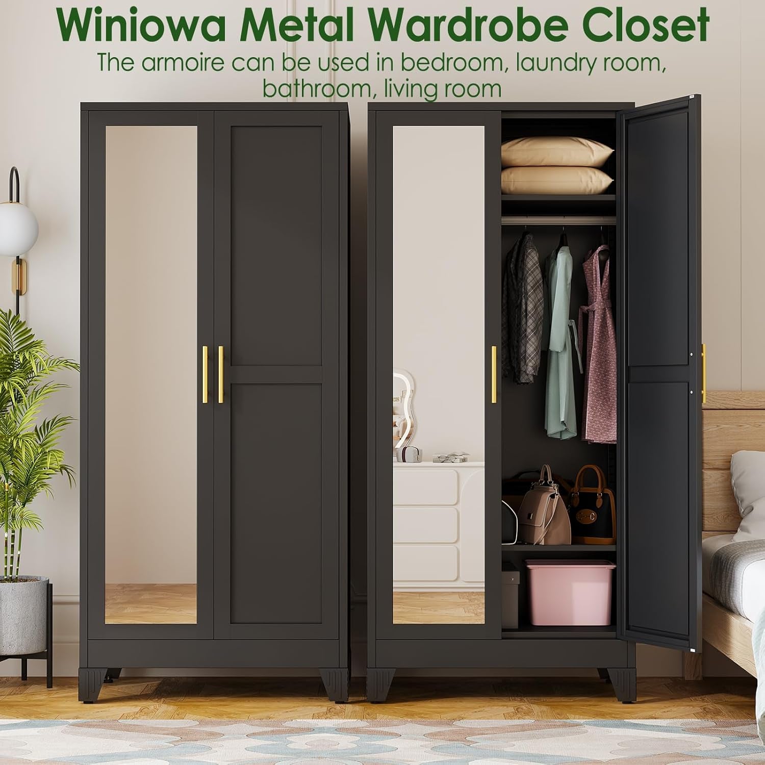 Metal Armoire Wardrobe Closet with 2 Mirror Doors, 71"' Wardrobe Cabinet with Adjustable Shelves and Hanging Rod, Clothing Storage Cabinet Closet with Mirror for Bedroom-Black
