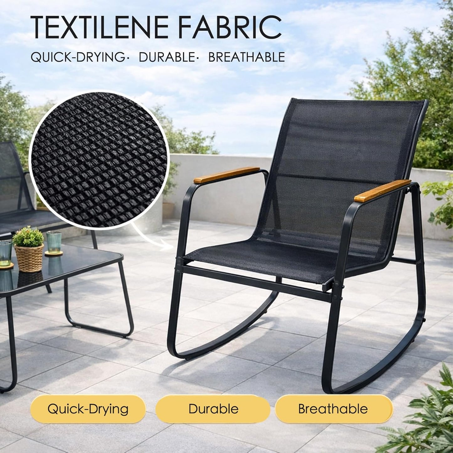 4-Piece Outdoor Patio Furniture Set with Textilene Chairs, Metal Conversation Set, Tempered Glass Coffee Table, Powder-Coated Steel Frame for Garden, Poolside, Backyard Black