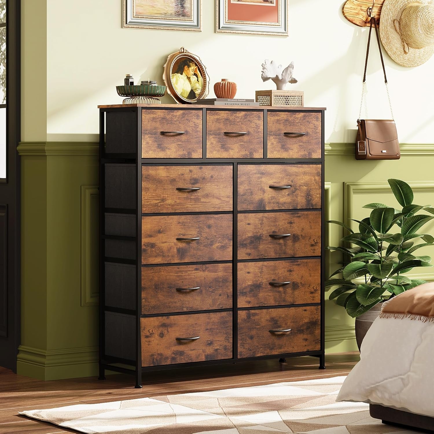 Storage Organizer Unit with 11 Fabric Bins, Storage Drawers Organizer with Steel Frame, Tall Storage Tower Organizaton for Living Room, Hallway, Office, Rustic Brown