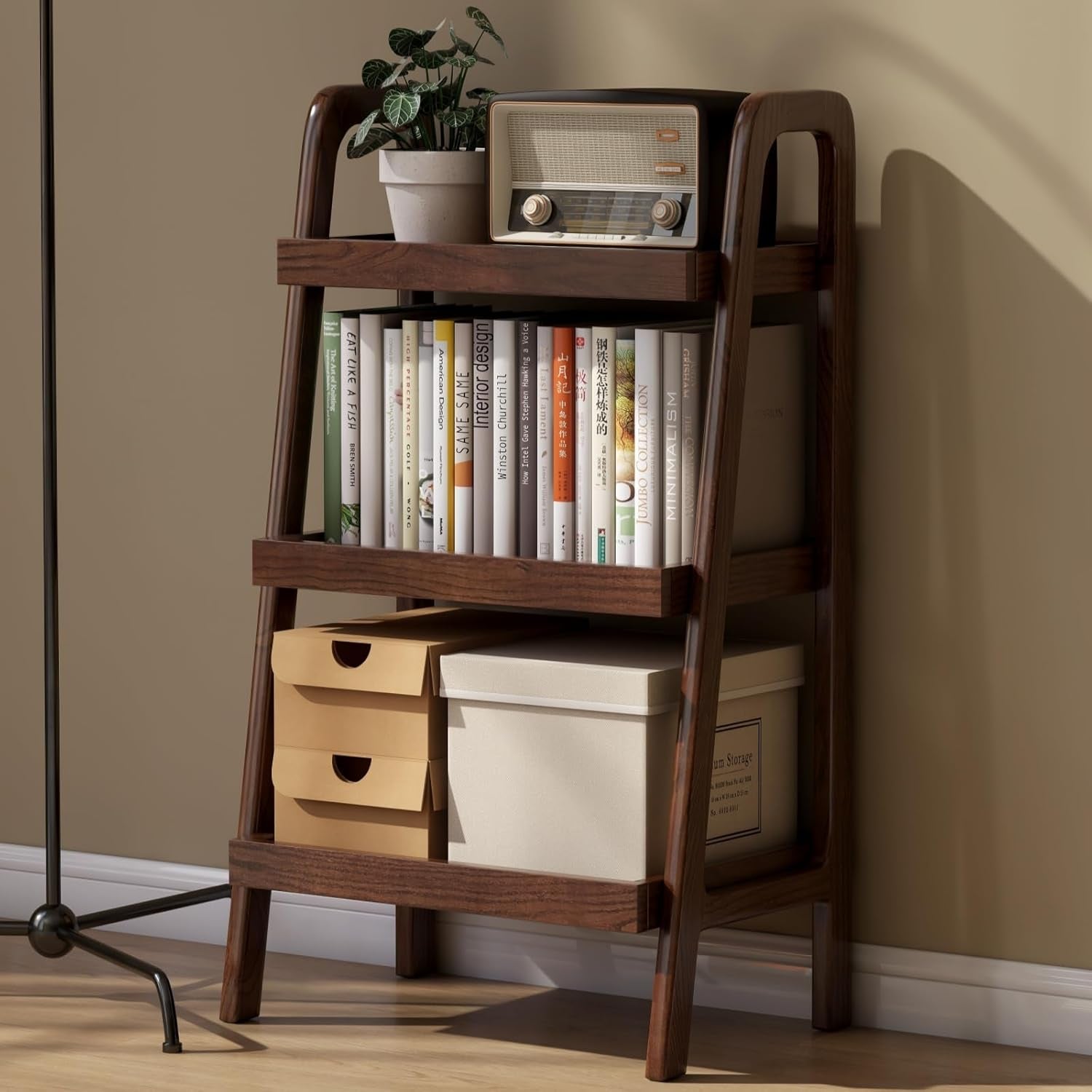 100% Solid Oak 3 Tier Ladder Shelf, Small Bookshelf, Ladder Bookshelf, Bookcase with Stable Frame, Small Table for Living Room Bedroom(Walnut, 12.6" L X 17.72" W X 31.5" H)