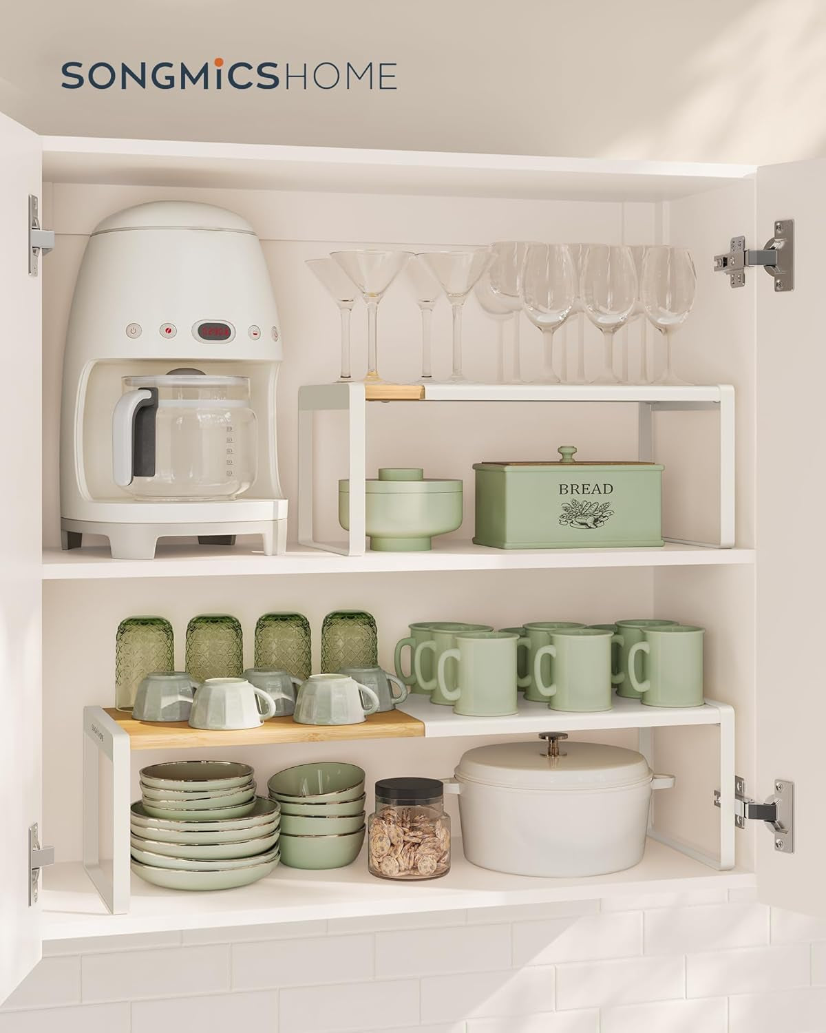 HOME Spice Racks, Expandable Cupboard Shelf Orgnizers, Kitchen Counter Shelves, Bamboo and Metal, Space-Saving Shelving, Stackable, Light Bamboo and Cream White UKCS051N01