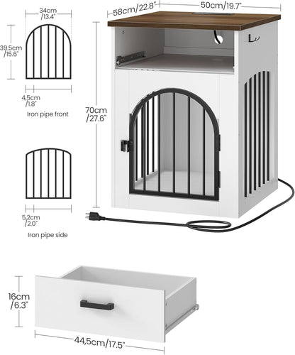 Dog Crate Furniture, Wooden Dog House with Charging Station and Storage Drawer, Indoor Pet Crate End Table for Small Breeds, for Living Room, Bedroom, White and Walnut MGW01UWL
