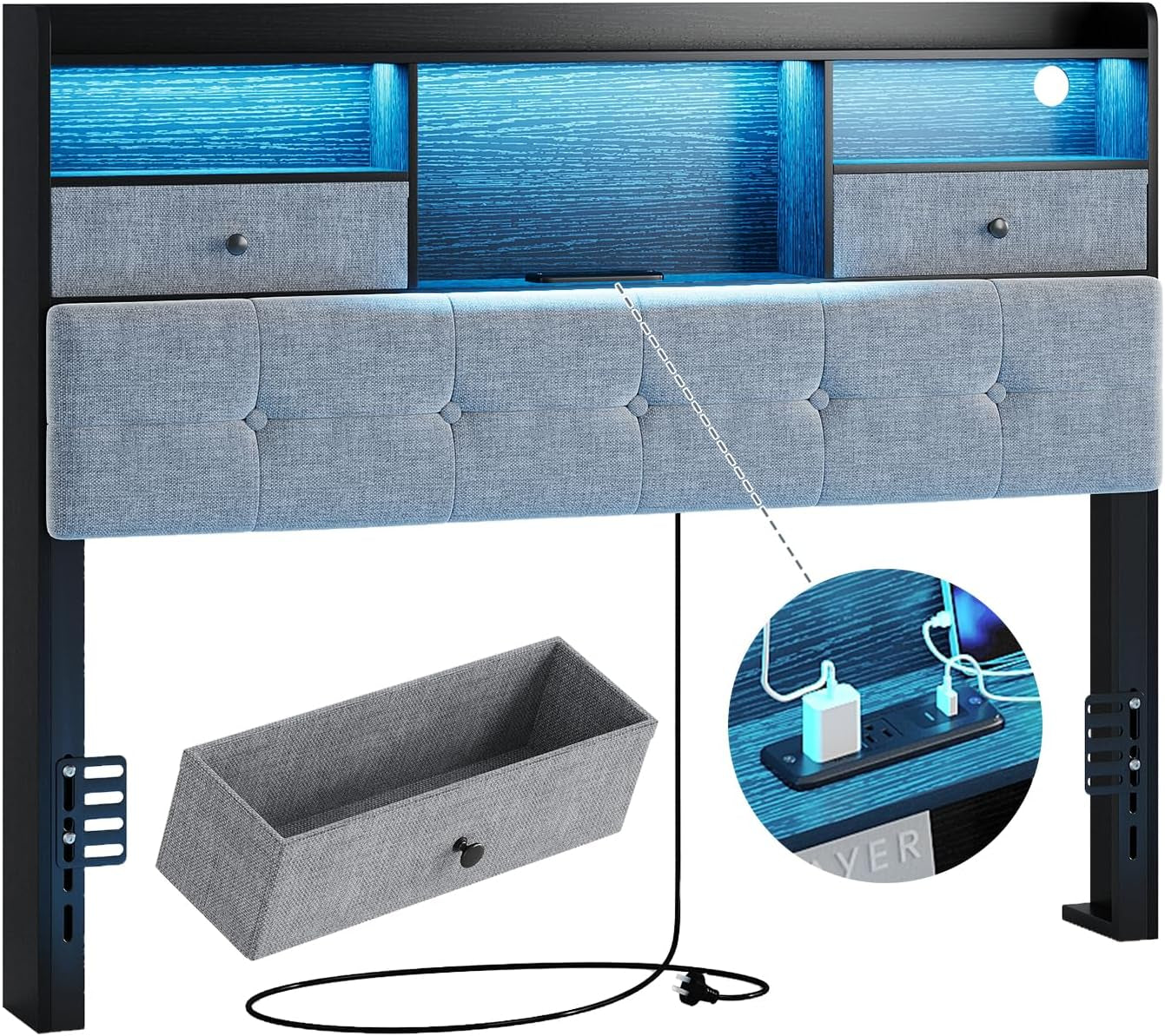 Headboard Queen Size with Storage, Queen Headboard Only with 2 Drawers, Charging Station and LED Lights, Upholstered Headboards Easy Assembly, Black&Grey
