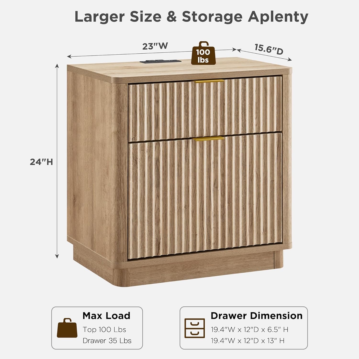 23'' Fluted Nightstand with Charging Station, Large 2 Drawer Bedside Table, Modern End Table with Storage, Mid Century Night Stand for Bedroom, Living Room, Curved Profile, Natural Oak