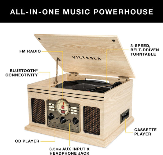 the Quincy 6-In-1 Bluetooth Record Player & Multimedia Center with Built-In Speakers – 3-Speed Turntable, CD & Cassette Player, AM/FM Radio, Wireless Music Streaming (Mahogony)