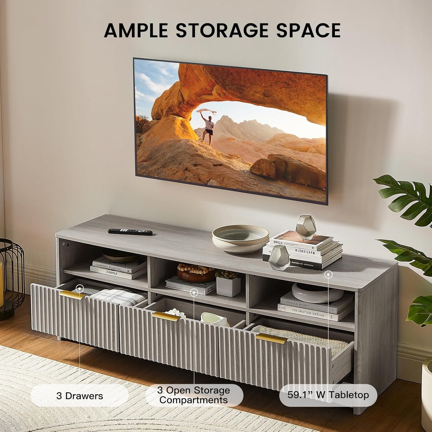 Amada TV Stand for 50-65" TV, Fluted Modern TV Stand Entertainment Center with Drawers and Open Shelf, Waveform Panel, Sleek Curved Profile Media TV Console Table for Living Room, Bedroom, Grey