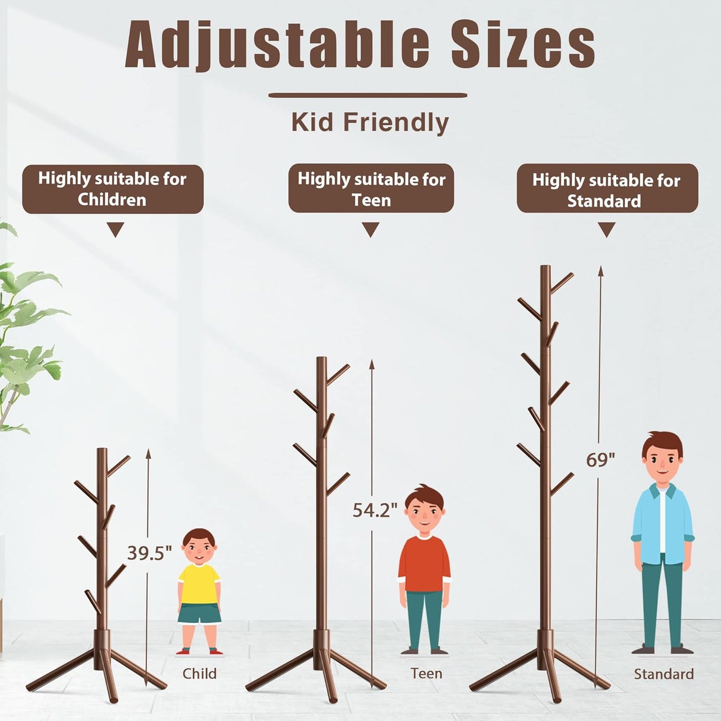 Wooden Coat Rack Stand with 8 Hooks New Zealand Pine 3 Adjustable Coat Standing Tree Easy Assembly for Coats, Hats, Scarves and Handbags for Entryway, Hallway, Bedroom, Office