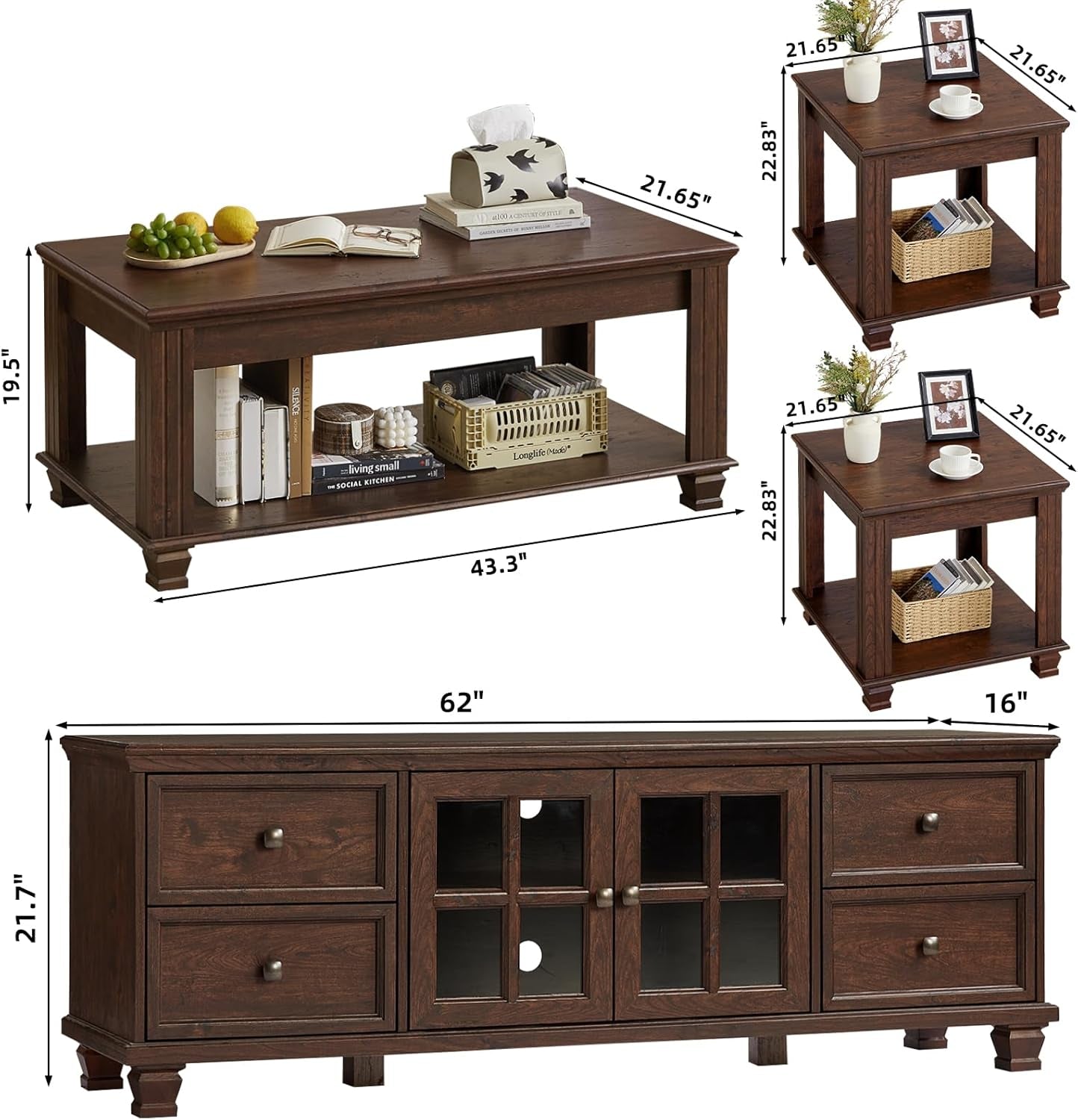 Farmhouse TV Stand and Coffee Table Set 4, Rustic Wood Living Room Table Set with TV Console, Center Table, End Table Set of 2 for Living Room, Walnut