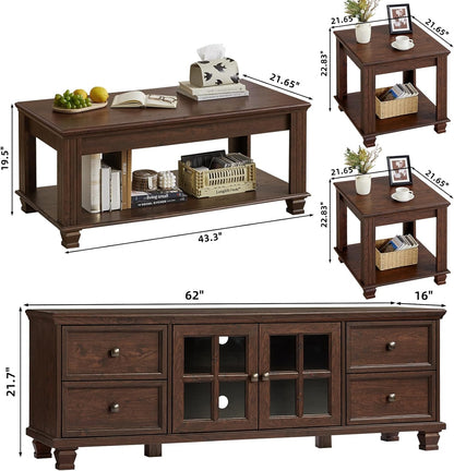 Farmhouse TV Stand and Coffee Table Set 4, Rustic Wood Living Room Table Set with TV Console, Center Table, End Table Set of 2 for Living Room, Walnut