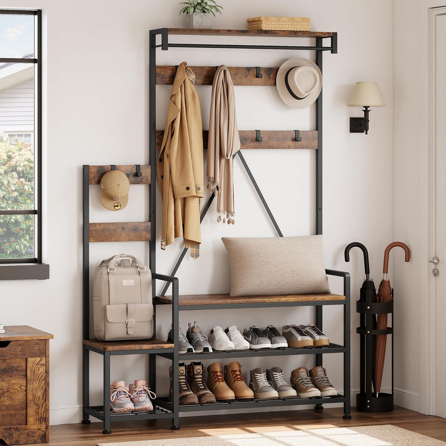 Hall Tree with Bench and Shoe Storage Parent-Child Coat Rack Shoe Bench Industrial Coat Tree Entryway Large Organizer with Shoe Rack, Storage Cubbies, Hooks, and Top Shelf