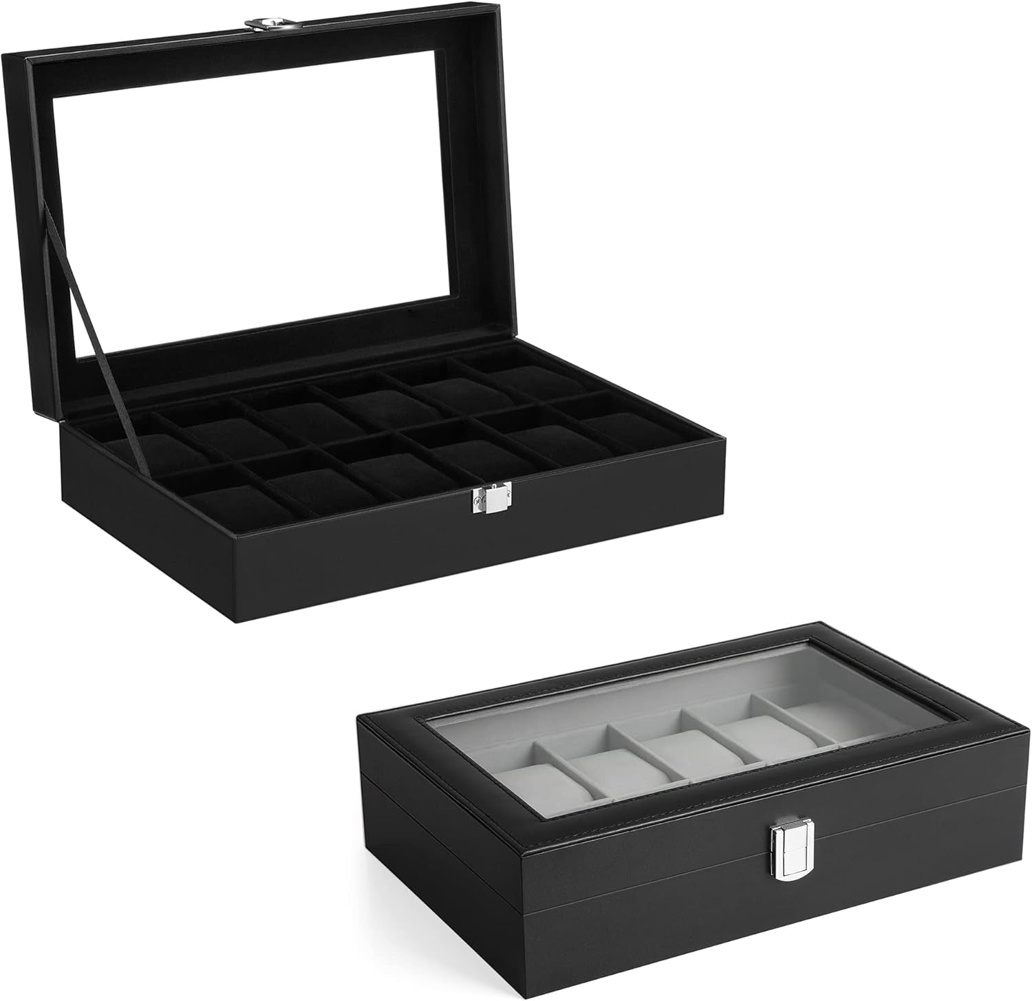 Watch Box Bundle, 12-Slot Watch Case with Glass Lid, Watch Holder with Removable Watch Pillow, Velvet Lining, Metal Clasp, Watch Display, Black UJWB12BK and UJWB012B01