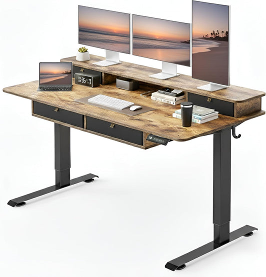 55" X 30" Standing Desk with Drawers, Height Adjustable Electric Workstation, Computer Sit Stand up Table with Large Storage Shelf 4 Drawers and 2 Hooks, Rustic Brown