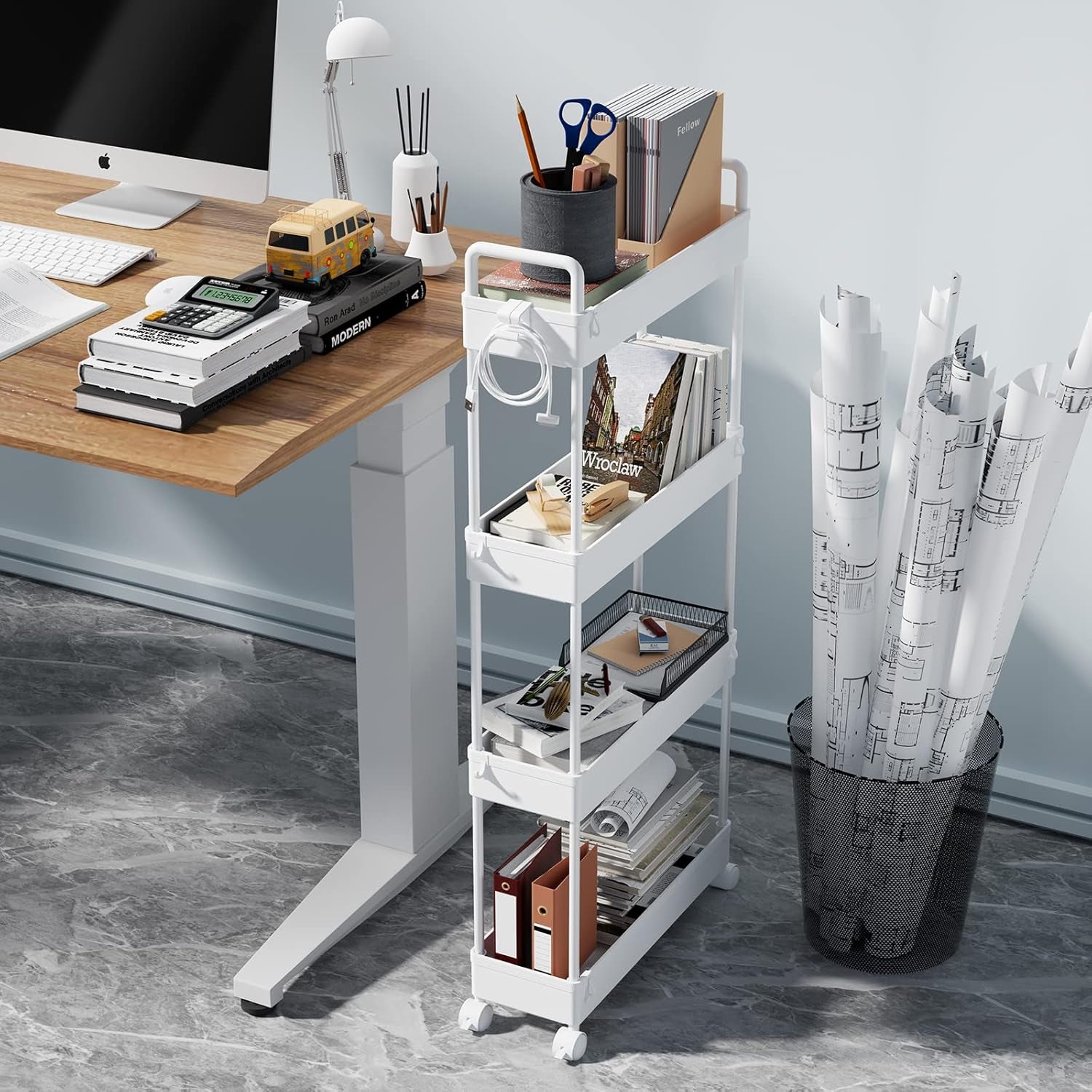 Slim Rolling Storage Cart with Wheels 4 Tier Skinny Bathroom Storage Organizer Narrow Shelf Unit Thin Laundry Room Utility Cart for Bedside Kitchen Office Next to Fridge Small Places, White