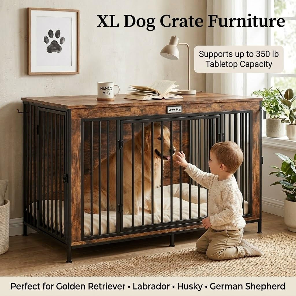 XL Dog Crate Furniture 48'' | Extra Large Heavy Duty Anti-Chew Dog Kennel | Rustic Wooden Entertainment Center & TV Stand with 350LB Top Capacity | Escape Proof Double Door Pet House