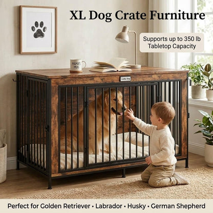 XL Dog Crate Furniture 48'' | Extra Large Heavy Duty Anti-Chew Dog Kennel | Rustic Wooden Entertainment Center & TV Stand with 350LB Top Capacity | Escape Proof Double Door Pet House
