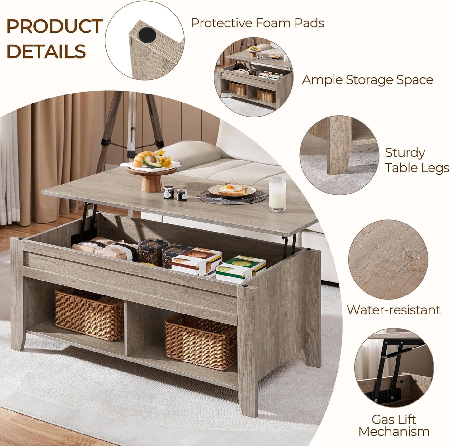 Lift Top Coffee Table, Coffee Table with Hidden Storage Compartment & Lower Shelf, 39.5In Center Table for Living Room, Office, Grey