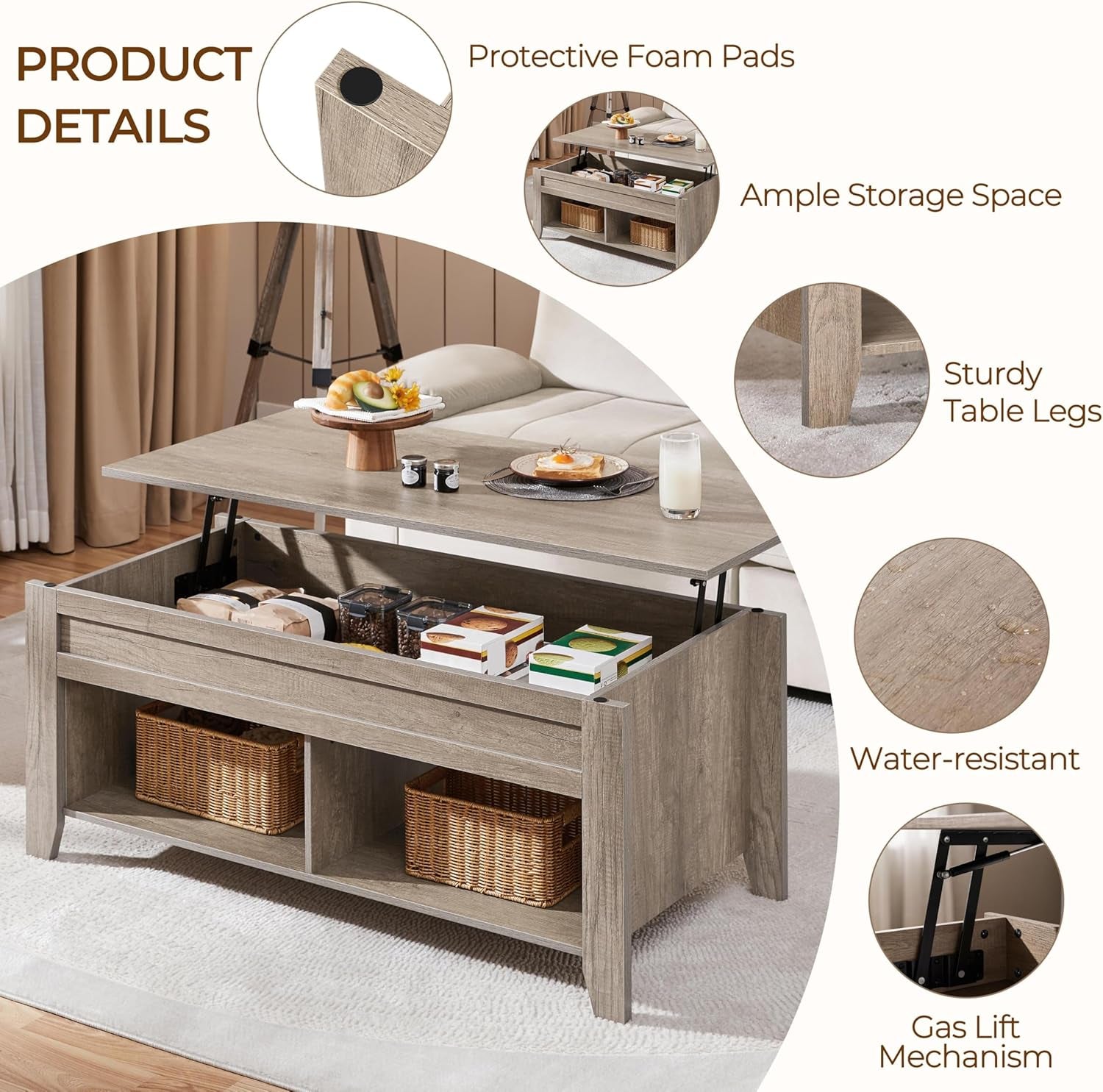 Lift Top Coffee Table, Coffee Table with Hidden Storage Compartment & Lower Shelf, 39.5In Center Table for Living Room, Office, Grey