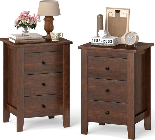 Nightstands Set of 2 with 3 Drawers, Wood Walnut Night Stand Bedside Table W/Storage Drawer & round Metal Knobs, Vintage End Side Table for Dorm Bedroom Small Spaces, 14.5" D X 18" W X 26" H